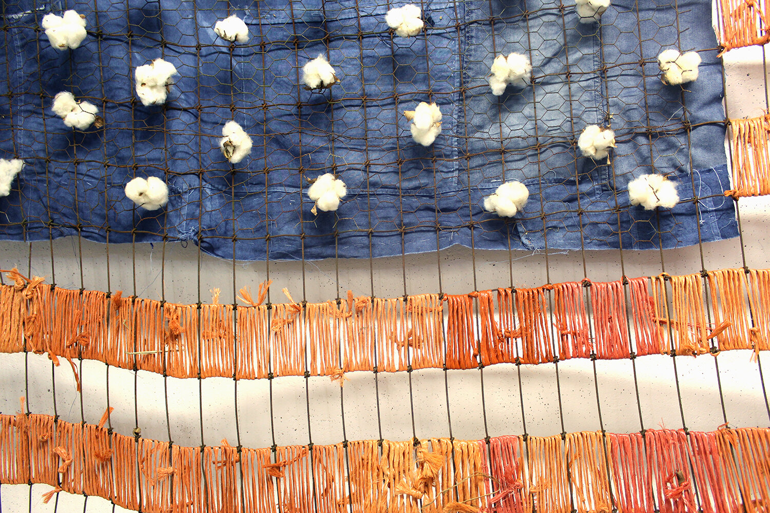  “Blue Collar Dream (detail),” 2020, Hay bailing string, cotton, denim, indigo dye and wire, ” 53” x 102” 