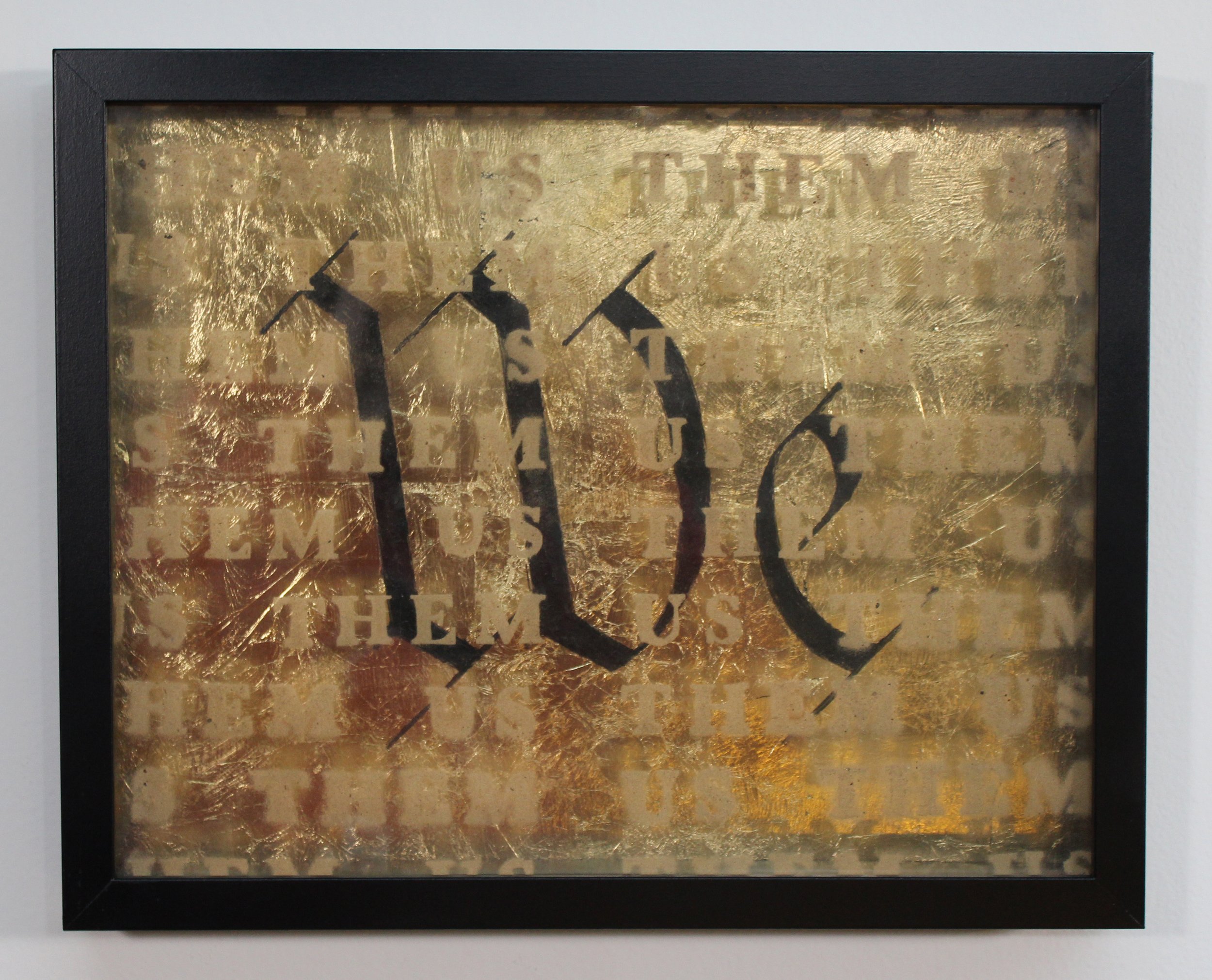  “As the Words Fell to Dust, They Did So in Twos,” acrylic, gold leaf, and collected barn dust on glass 