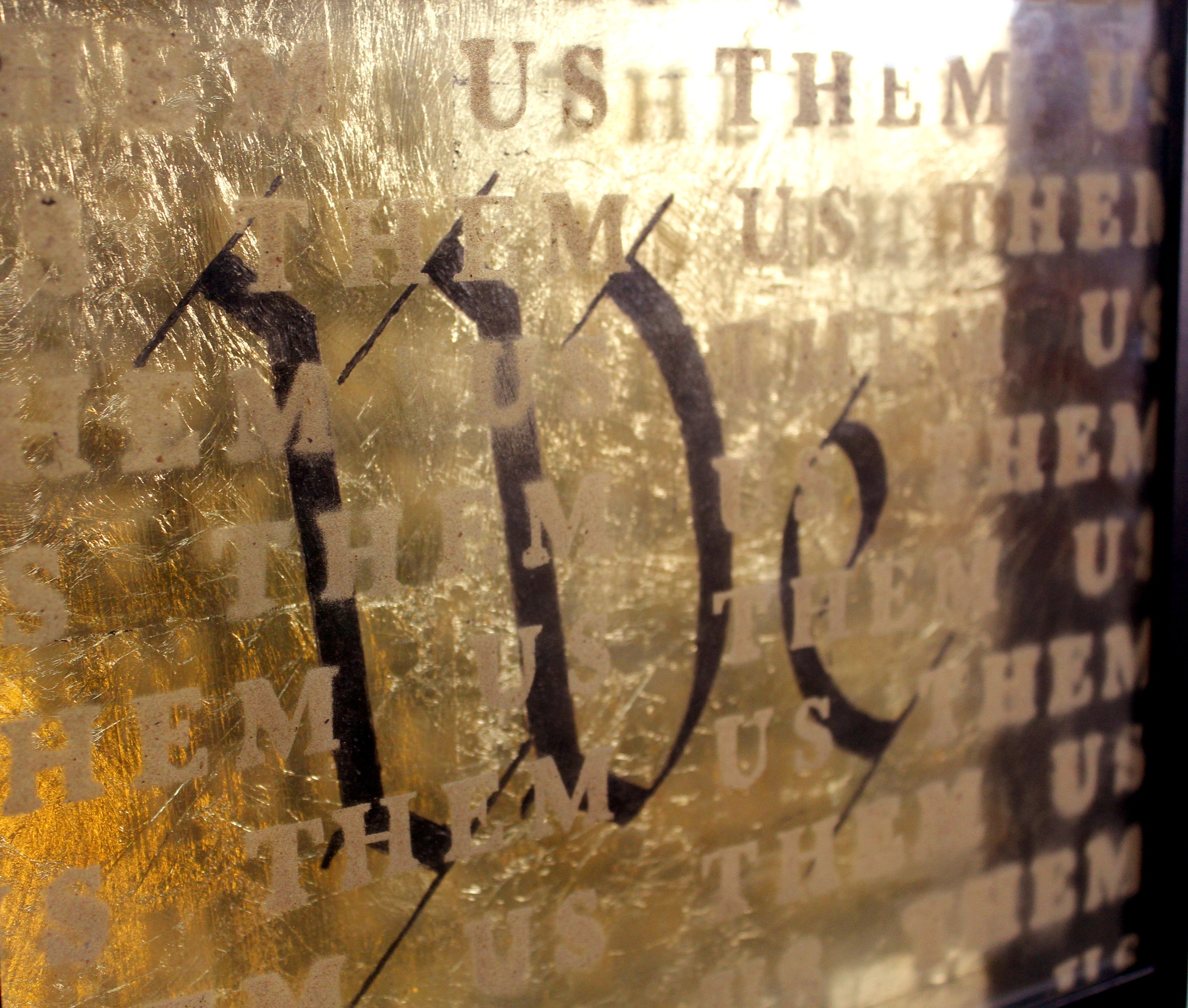  “As the Words Fell to Dust, They Did So in Twos,” (detail), acrylic, gold leaf, and collected barn dust on glass 