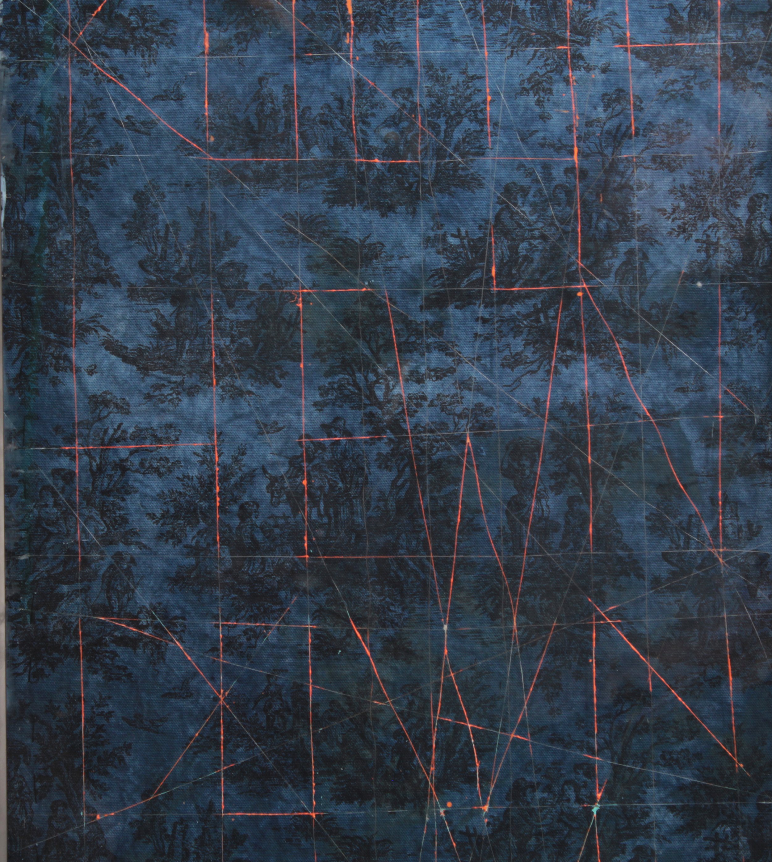  “She Pulls the Strings ( The Mare),” 2022, horsehair, spray paint, ash, indigo dye and burnt upholstery, 31”x16” 