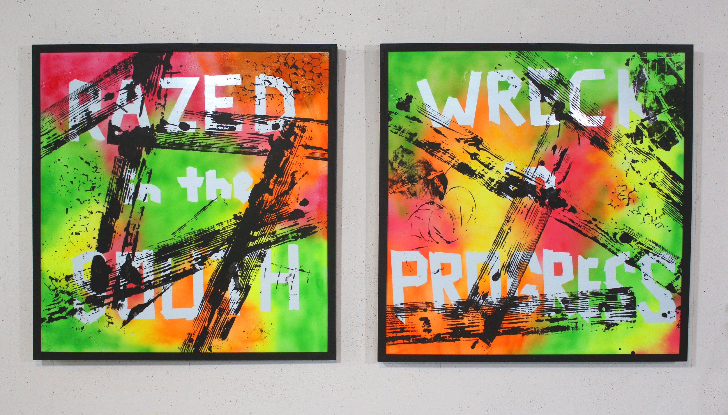  (Left:) "Scorched Earth Policy" 2022, 42"x41," Acrylic and spray paint on styrofoam (Right:) "Face Yourself," 2022, 42"x41," Acrylic and spray paint on styrofoam 