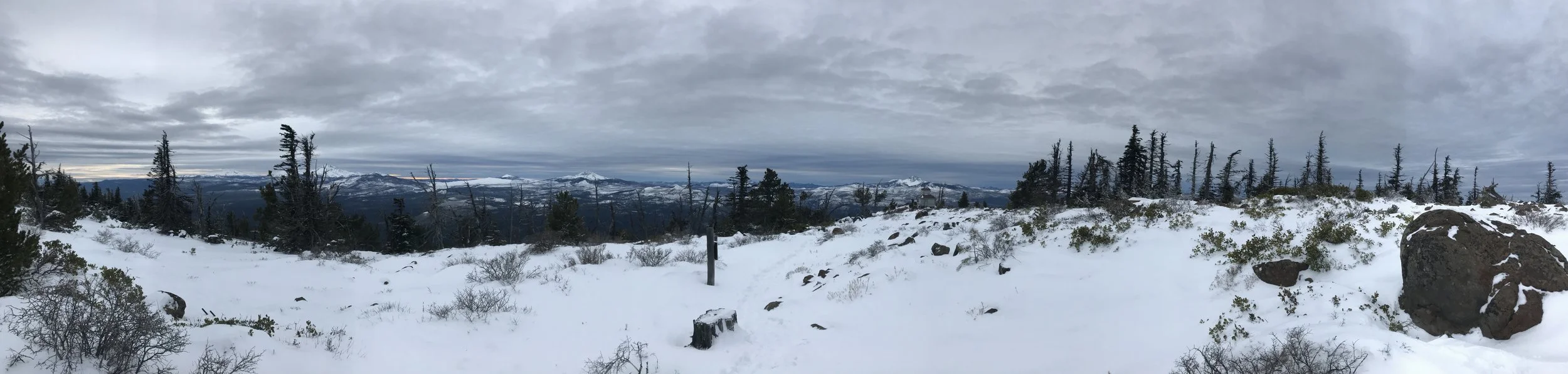 Knee deep snow, gray skies, and a howling wind from the top of Black Butte.
