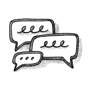 Multiple black speech bubbles with doodle-style text and outlines on a black background.
