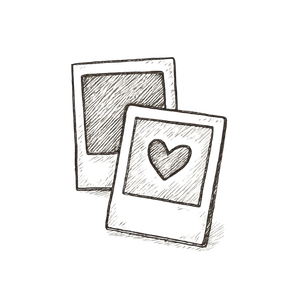 Two Polaroid-style pictures, one with a heart and the other with a patterned background.