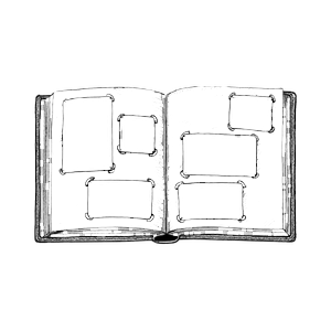 Open scrapbook or photo album with various blank pages and photo mounts.