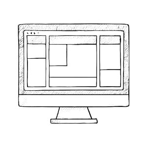 Chalkboard drawing of a computer monitor displaying a website layout with multiple sections and navigation menus.