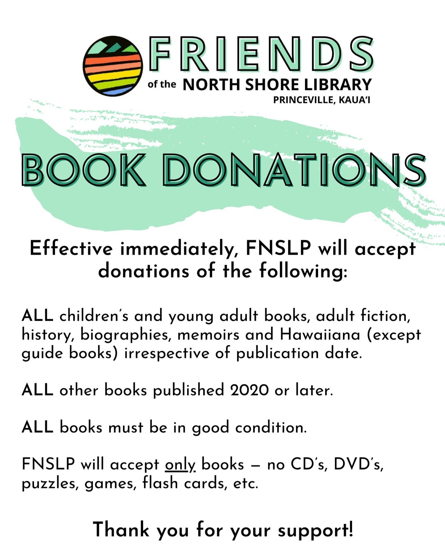 New year, new donation policy!

In an effort to streamline donation sorting and offer the highest quality book selection, the Friends of the North Shore Library has updated its book donation policy.

We appreciate your contributions and continued sup