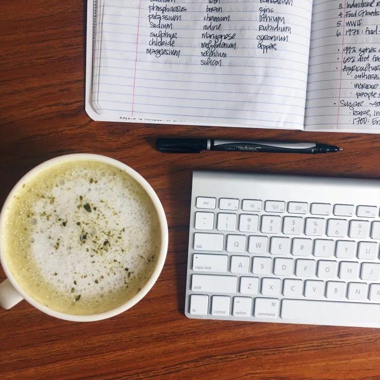 Almond milk matcha and lecture notes