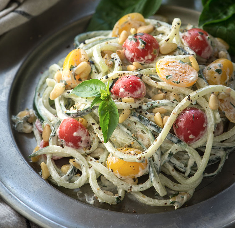 Easy Cucumber Noodles with a Vegan Basil Cream, Tomatoes and Pine Nuts
