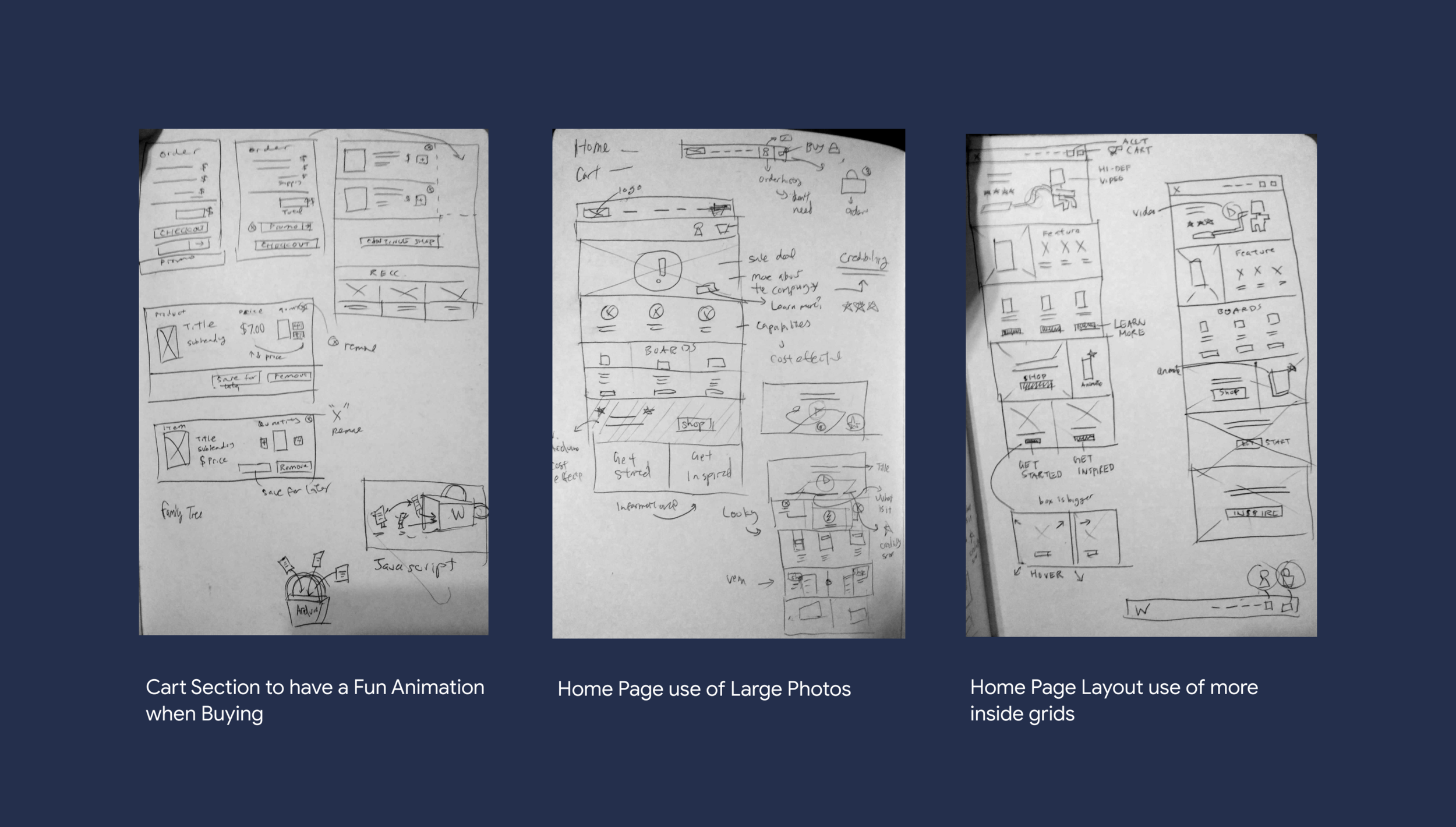 Brainstorming sketches for home page, cart. and overall feel