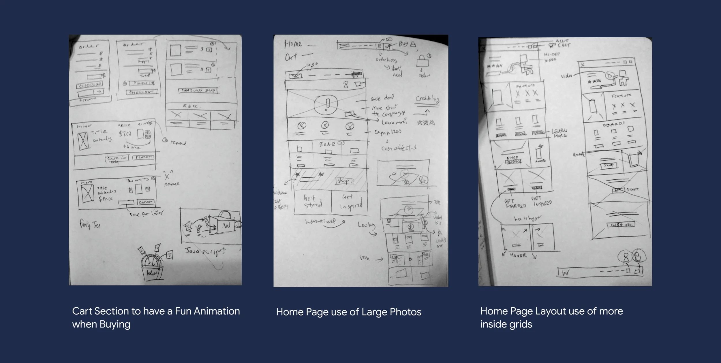 Brainstorming sketches for home page, cart. and overall feel