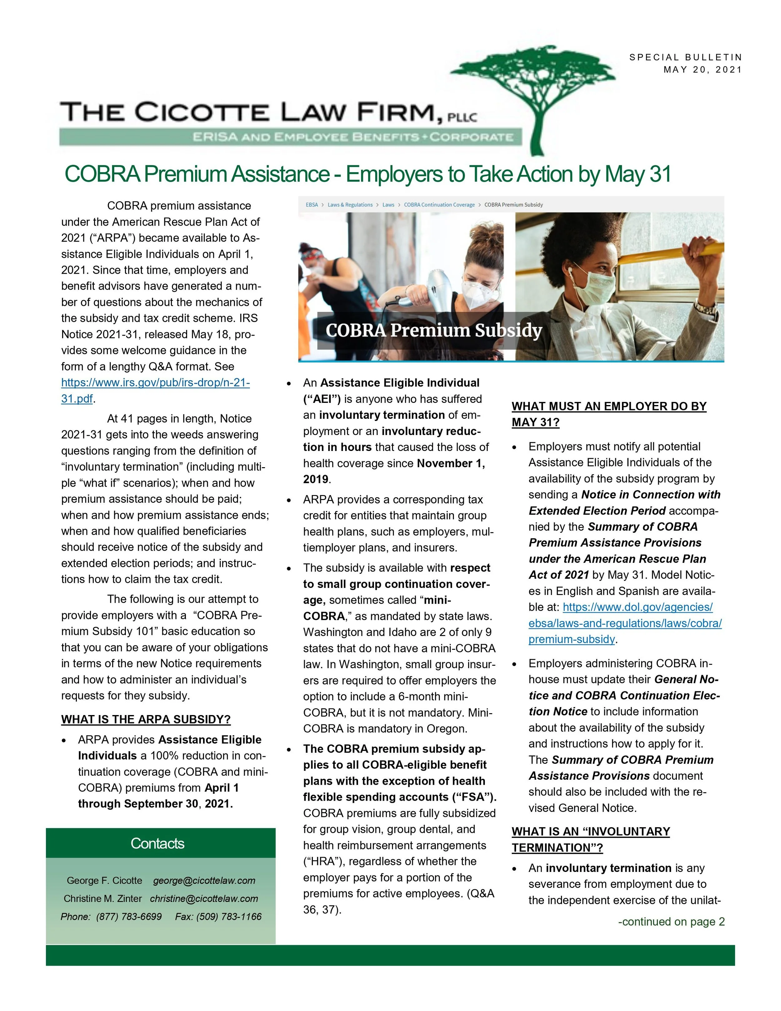 COBRA Premium Assistance Employers to Take Action by May 31 — Palmer