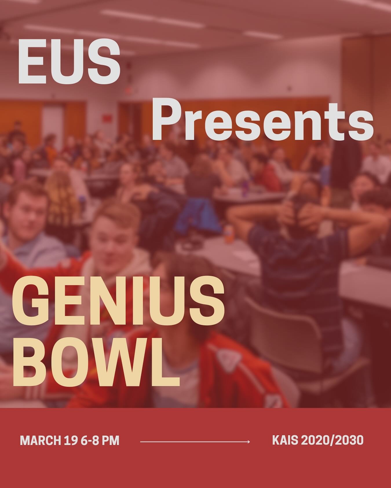 Feeling down about midterms? Struggling to earn that elusive golden A patch? Say no more fam🤝

Come out to Genius Bowl, our final EUS trivia night of the year‼️Snacks, drinks🧃, cool prizes, good vibes, what more could you ask for😎 Teams of up to 4