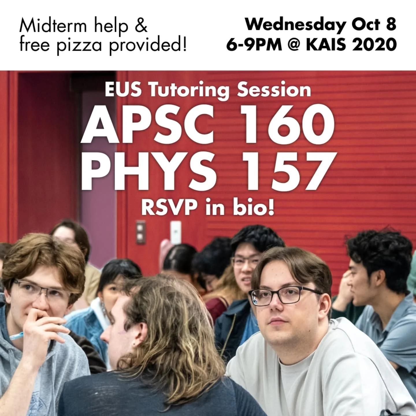 RSVP in bio!

Our next tutoring session is for APSC 160 and PHYS 157! We provide review question packages and there will be upper year volunteers there to help answer questions. Best of all, there's free pizza! Come by so we can help you pass your ex
