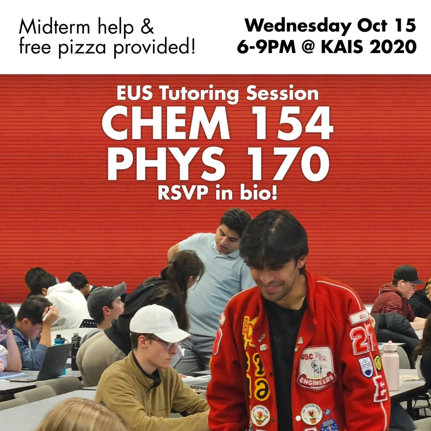 RSVP at the link in bio!

Our next tutoring session is for CHEM 154 and PHYS 170! We provide review question packages and there will be upper year volunteers there to help answer questions. Best of all, there's free pizza! Come by so we can help you 
