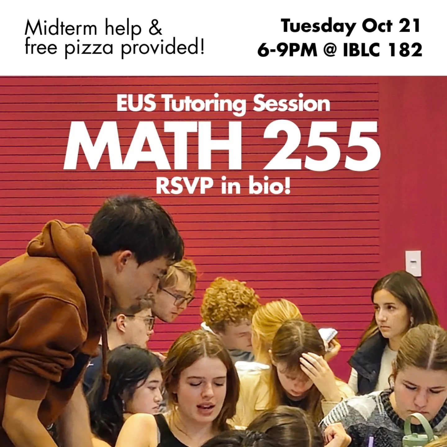 RSVP in bio!

The EUS is hosting a study session for MATH 255! We provide question packages and there will be upper year volunteers there to help answer questions. Best of all, there's free pizza! Come by so we can help you pass your exam!