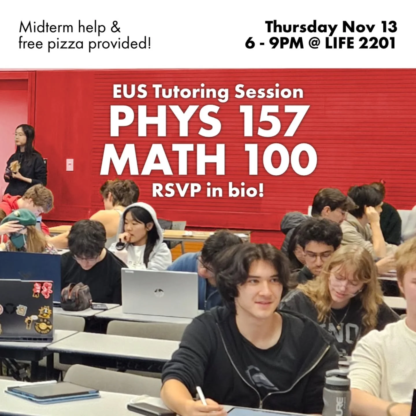 RSVP at the link in bio!

Our last session this term is for PHYS 157 and MATH 100! We provide review question packages and there will be upper year volunteers there to help answer questions. Best of all, there's free pizza! Come by so we can help you