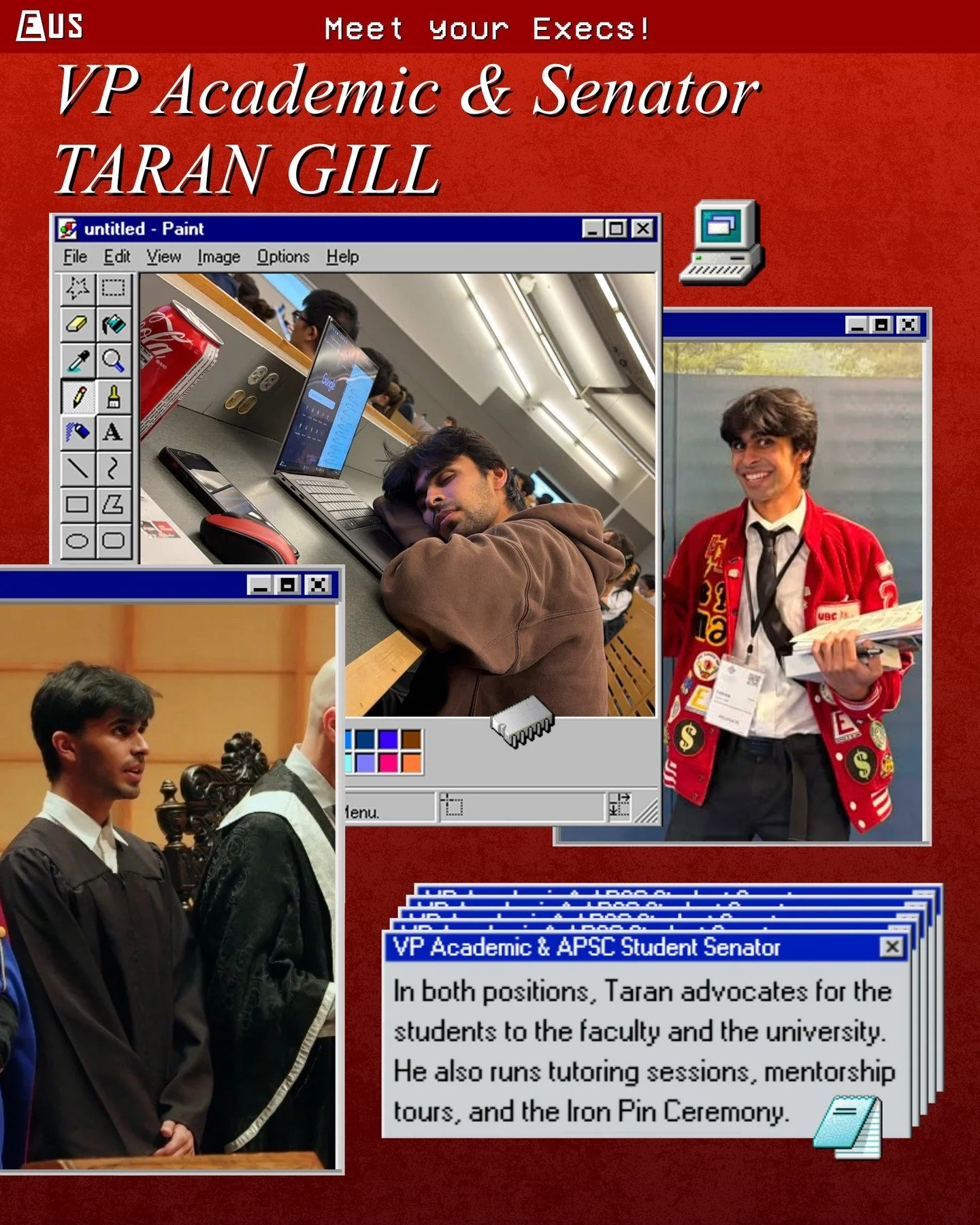 Introducing this year&rsquo;s EUS executive team! 🎉

First up in our executive features is Taran, your VP Academic &amp; APSC Student Senator! 📚

In both positions, Taran advocates for the students to the faculty and the university. He also runs tu