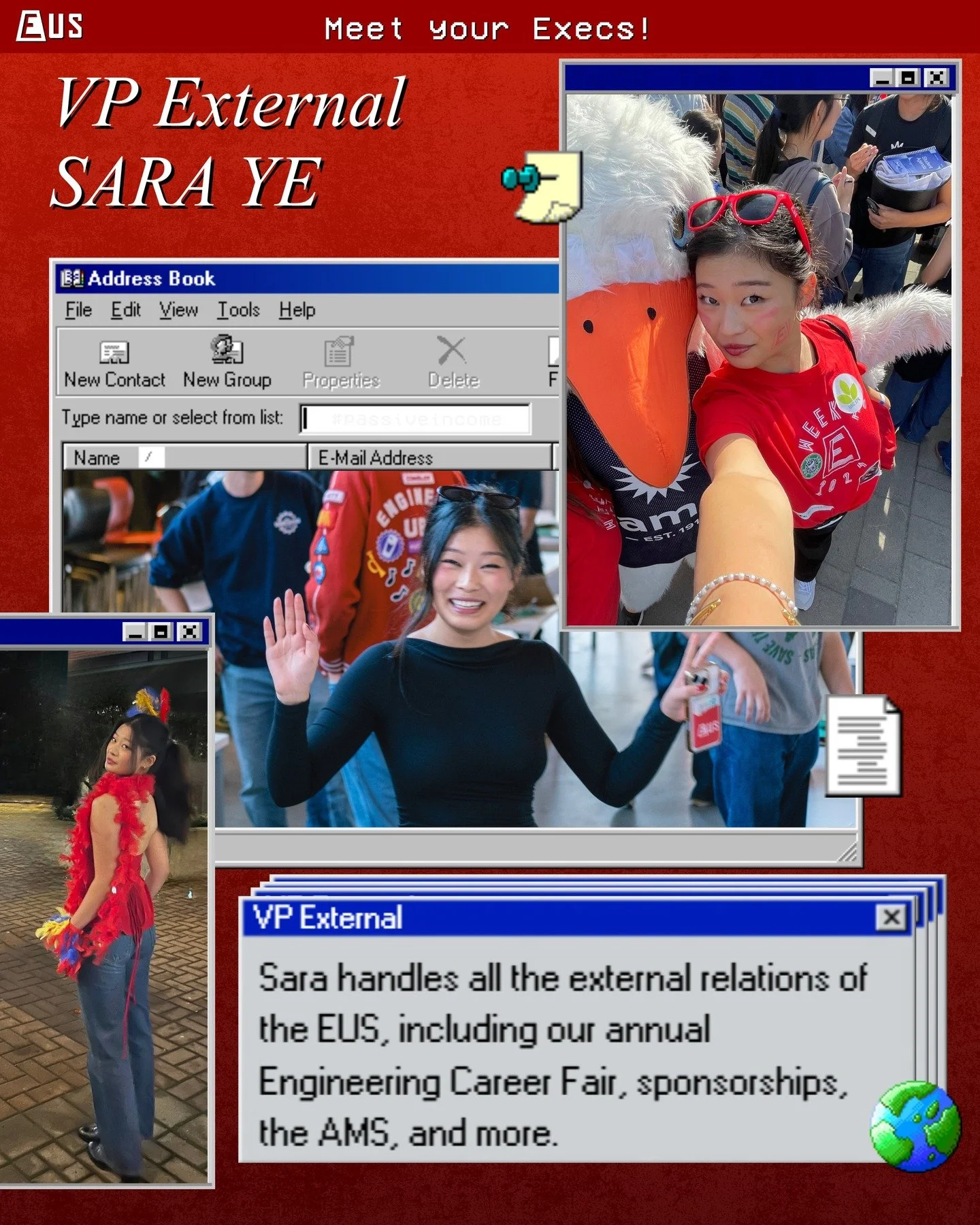 Next up in our executive features is Sara, your VP External!

Sara is responsible for everything that is external of the EUS! This includes working with companies in preparation for the Career Fair, advocating for engineering students in the AMS, sec