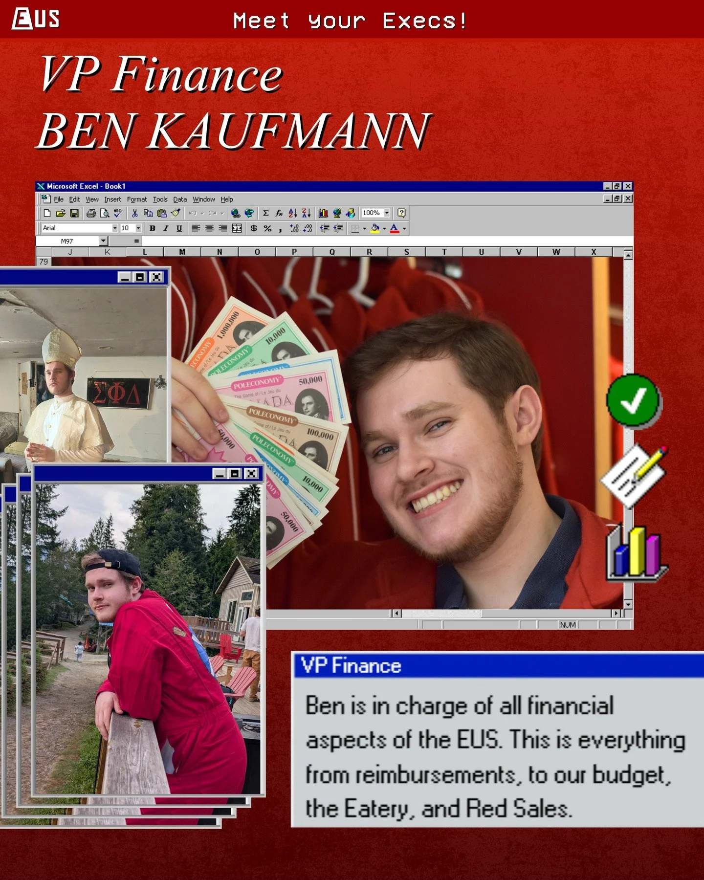 Next up in our executive features is Ben, your VP Finance!

Ben is in charge of all the financial aspects of the EUS and runs two of your favourite EUS services, the Eatery 🥪☕ and Red Sales🛍️! 

Want to work with Ben? You can! Learn more about his 