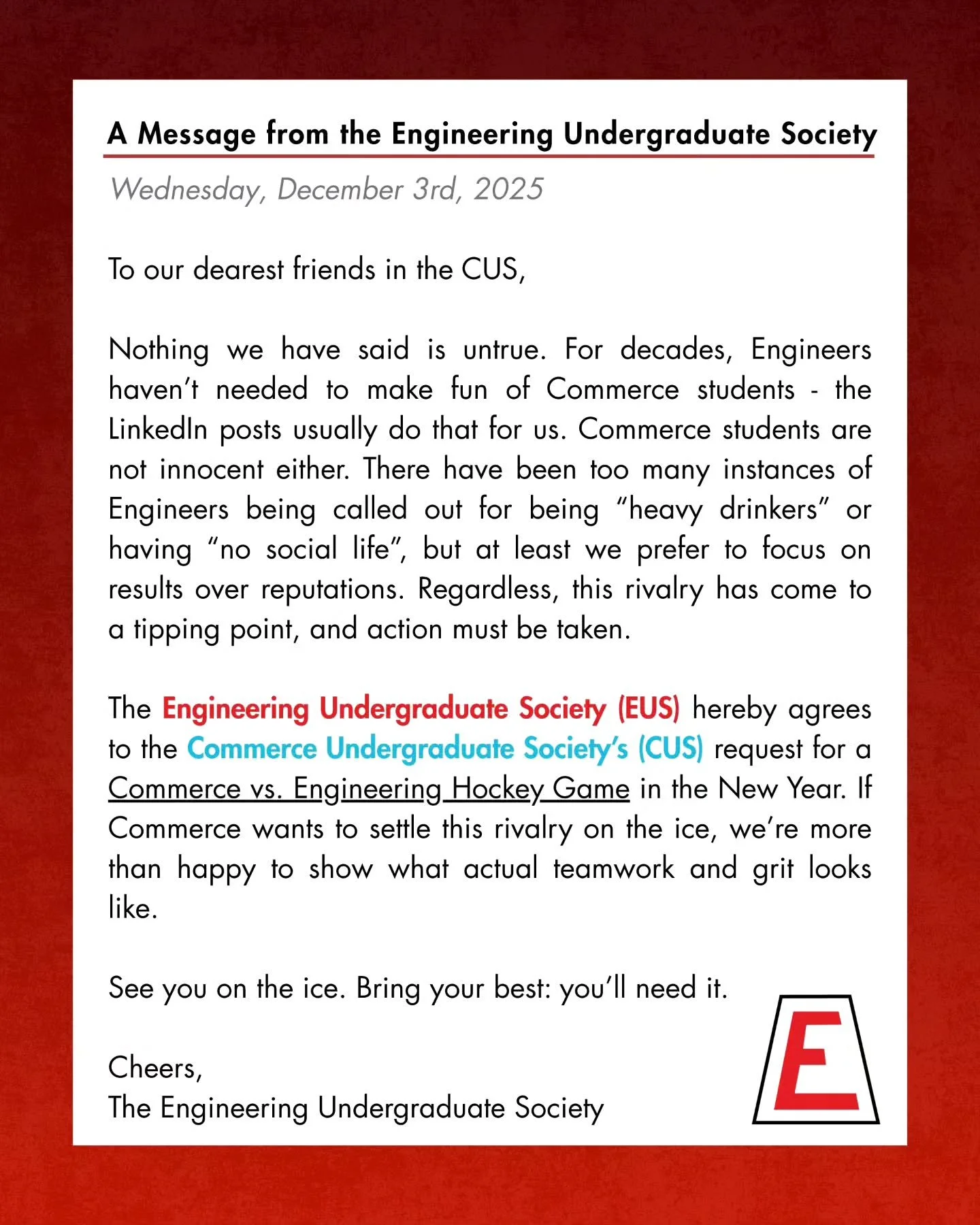 Challenge accepted.

Tag @cusubc and any Commerce students you know so they understand what they're really up against. 

👋 See you on the ice, CUS. 🏒