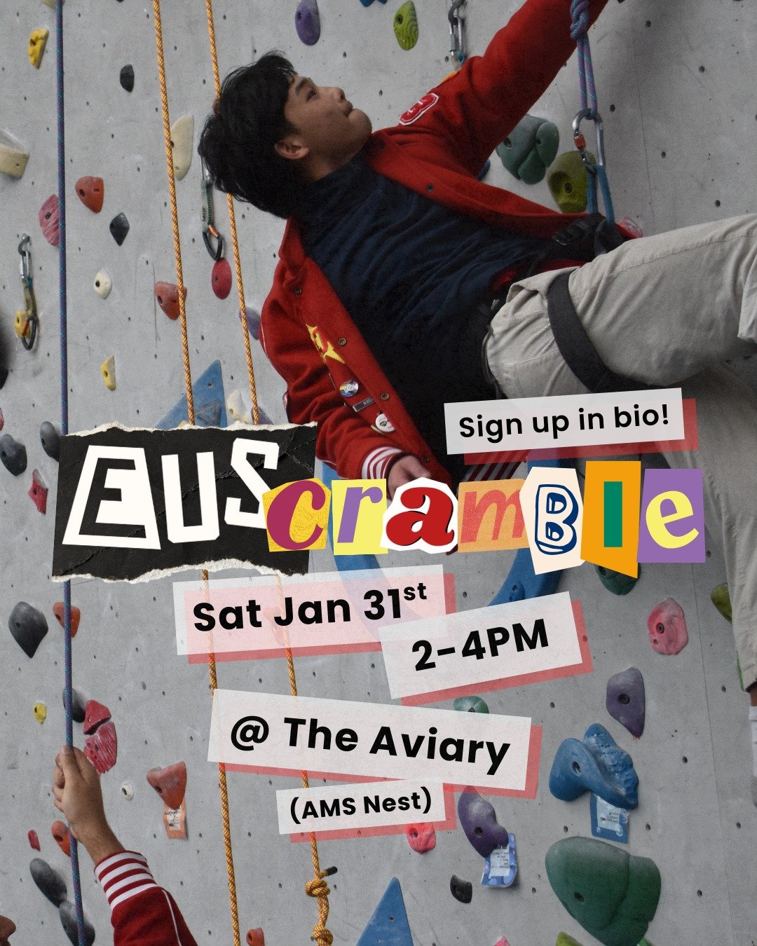 We are running it back this term with EUScramble 🧗, our signature rock climbing event! Come out and enjoy some rock climbing - no experience required! 

We have booked the UBC Aviary for January 31st from 2-4PM. If you are interested, please fill ou