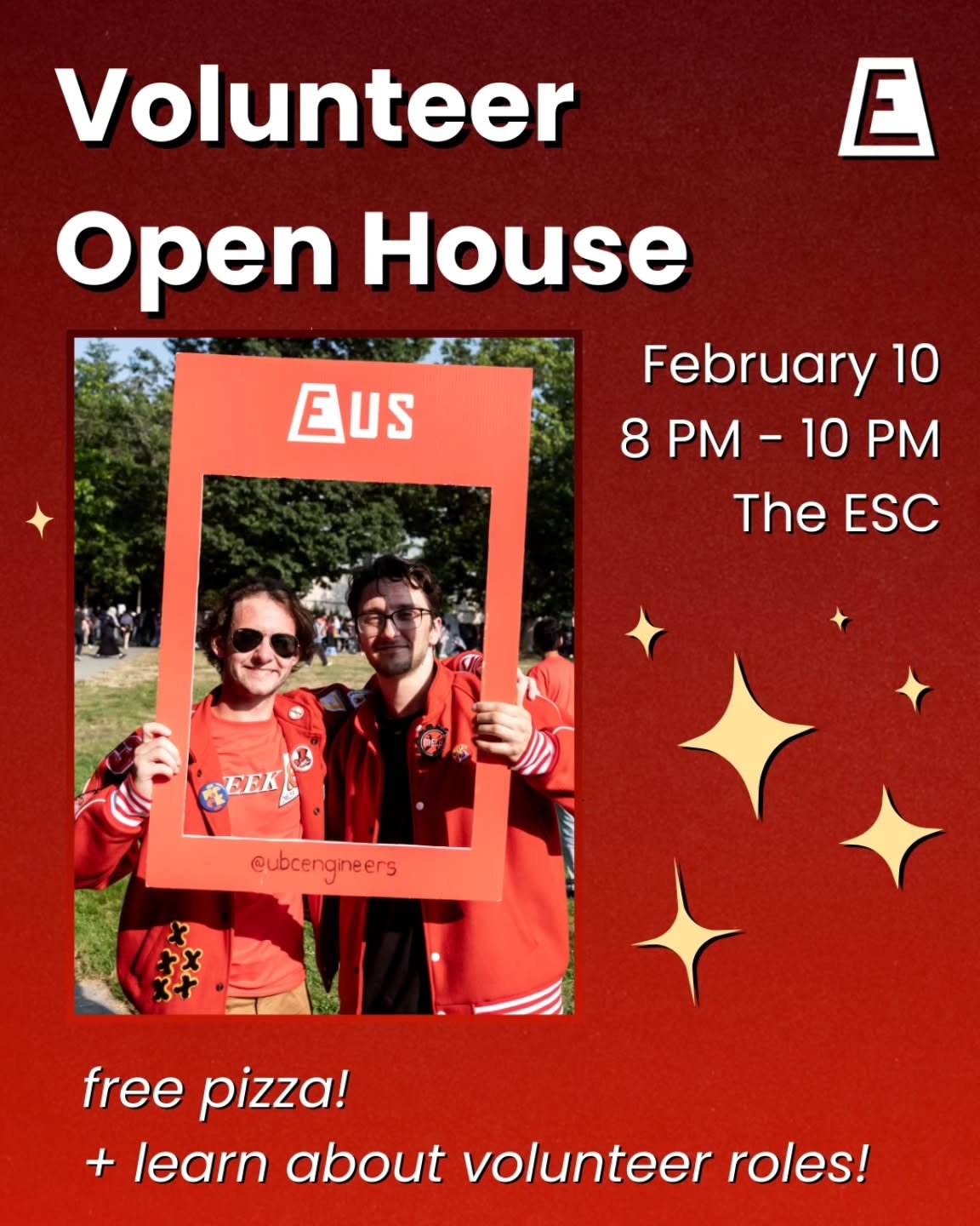 This Tuesday in the ESC! Come ask current volunteers (execs, directors, and managers) about their roles and find something you would be interested in for next year!! There will also be free pizza! 🍕