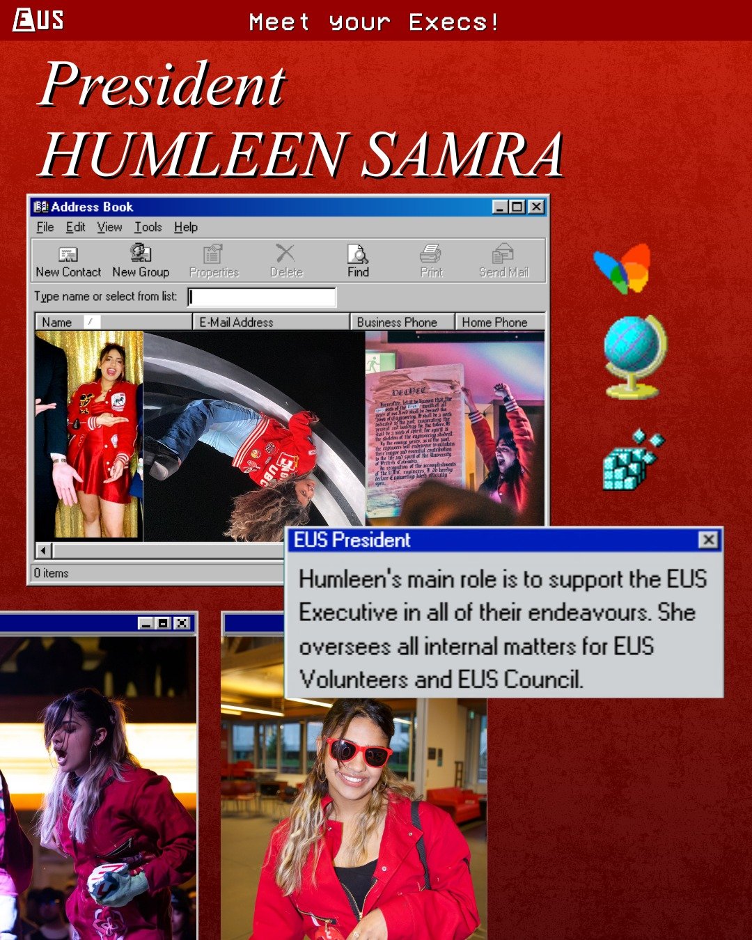 Last but definitely not least in our executive features is Humleen, your EUS President! 🫡

As president, Humleen is responsible for supporting the rest of the EUS executive in their endeavours. She also oversees internal matters of the EUS for volun