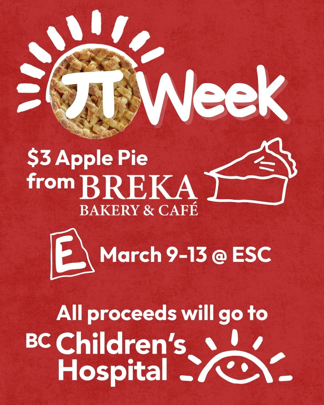 Happy Pi week!
The Eatery will be selling slices of delicious apple torte all week, with all proceeds going to BC Children's Hospital! 
Big thank you to @brekabakery for donating all the wonderful pies!