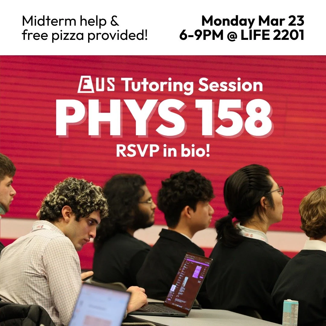 Time for the final tutoring session of the year!
Sign up at the link in bio and come to our PHYS 158 tutoring session this Monday at 6PM. There will be a midterm review package and upper year students to help with any questions you have. And as alway