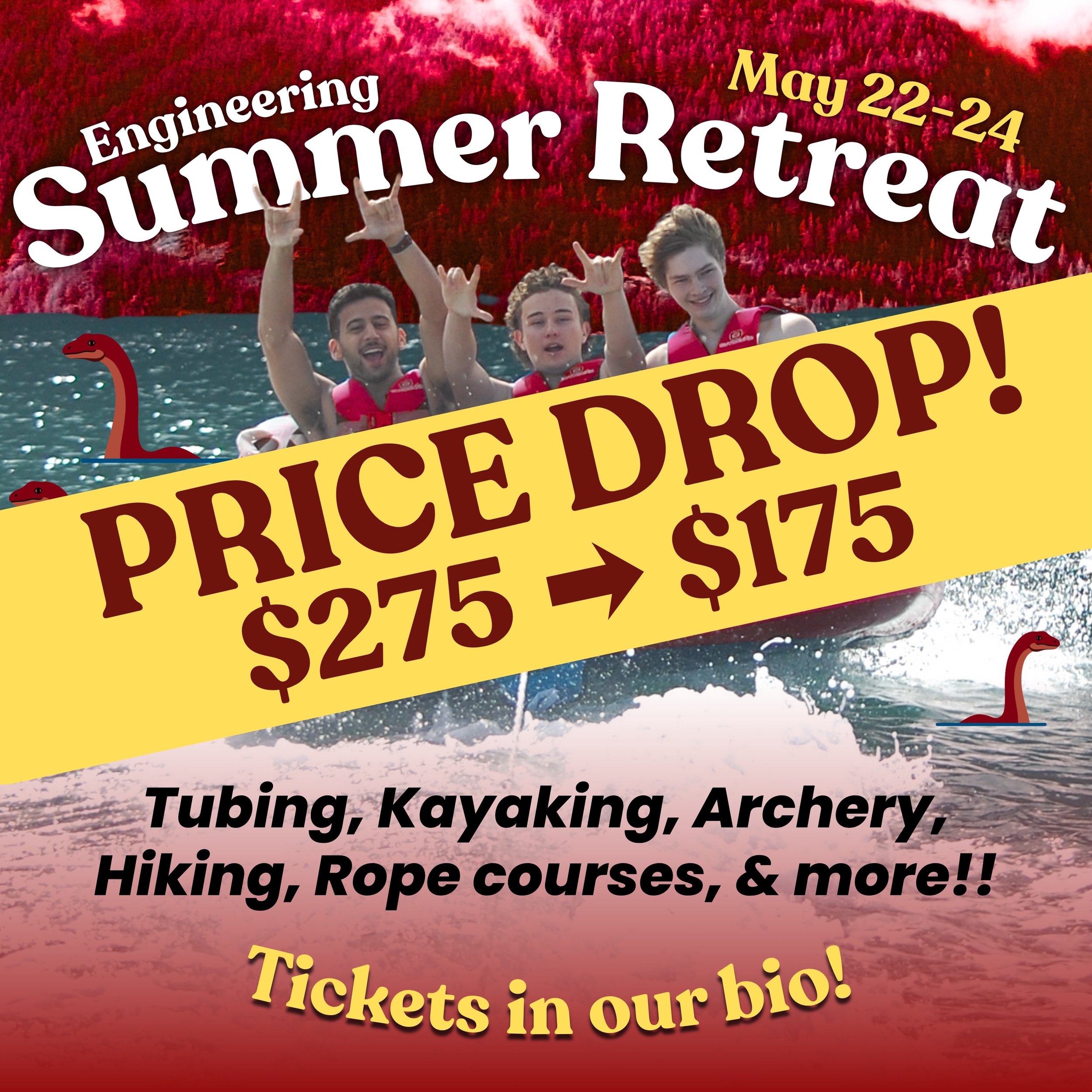 Tickets have officially dropped from $275 to $175!!☀️🌊🛶

Join us from May 22 to 24 for a two-night retreat at Camp Latona on Gambier Island 🏝️

Spend the weekend with fellow engineering students doing tubing, kayaking, archery, hiking, rope course