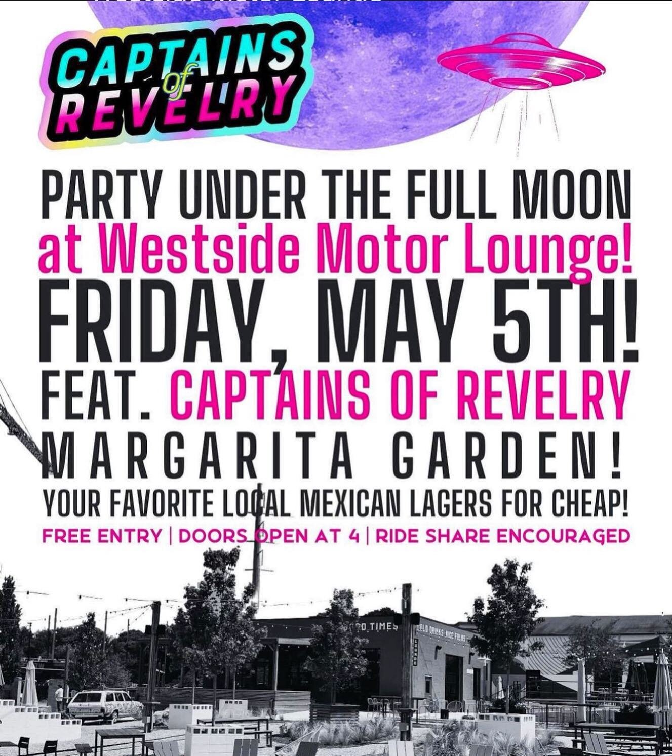 Tonight&rsquo;s the night! FREE @captainsofrevelry Cinco De Mayo party from 5pm-11 at the @westside_motor_lounge!
Set times:
@mattsilliman_dj: 6-8
@mikelastrange: 8-9:30
@djkeiran: 9:30-11.
Let&rsquo;s dance!!
