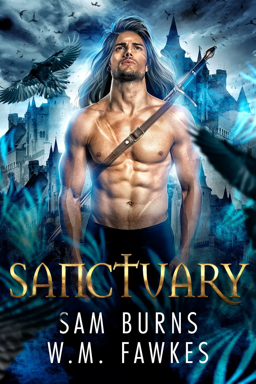 Sanctuary, book one of on the wind, shirtless man against a blue background with a castle and birds