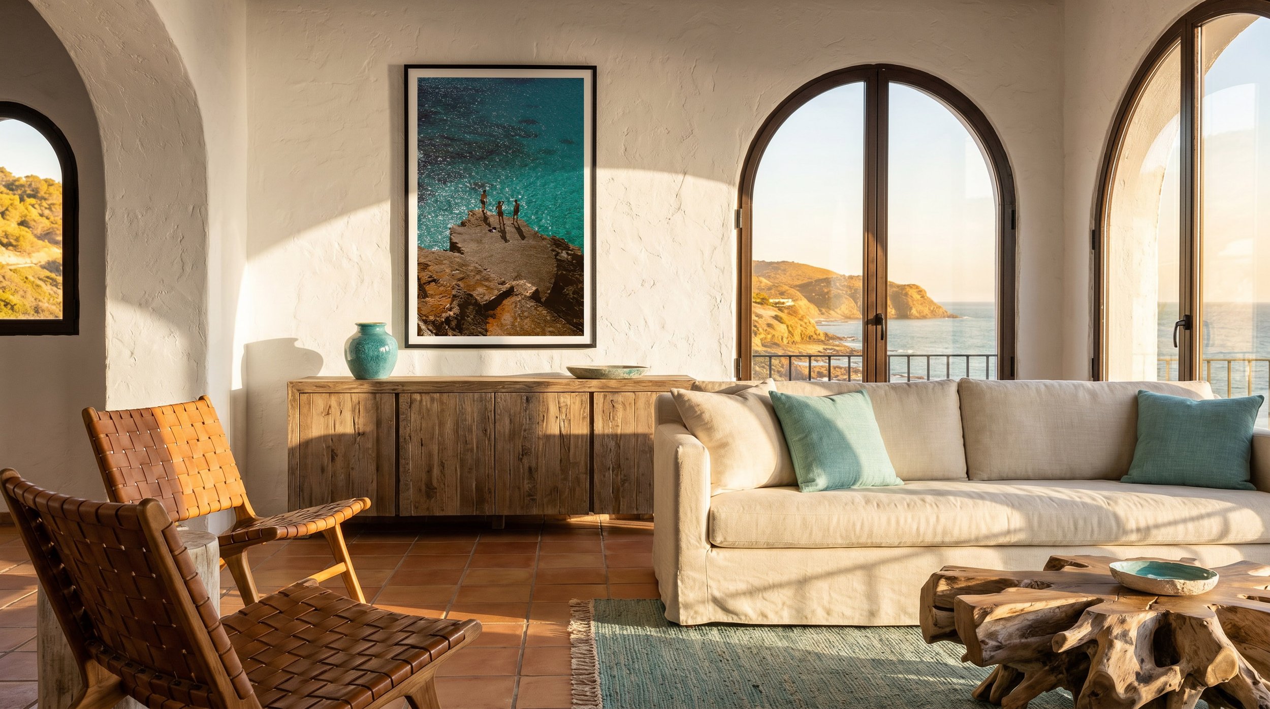Living room with white textured walls, arched windows showing a coastal landscape with cliffs and ocean, a beige sofa with teal pillows, wooden furniture, a framed ocean-themed photograph, and a rustic wooden coffee table.