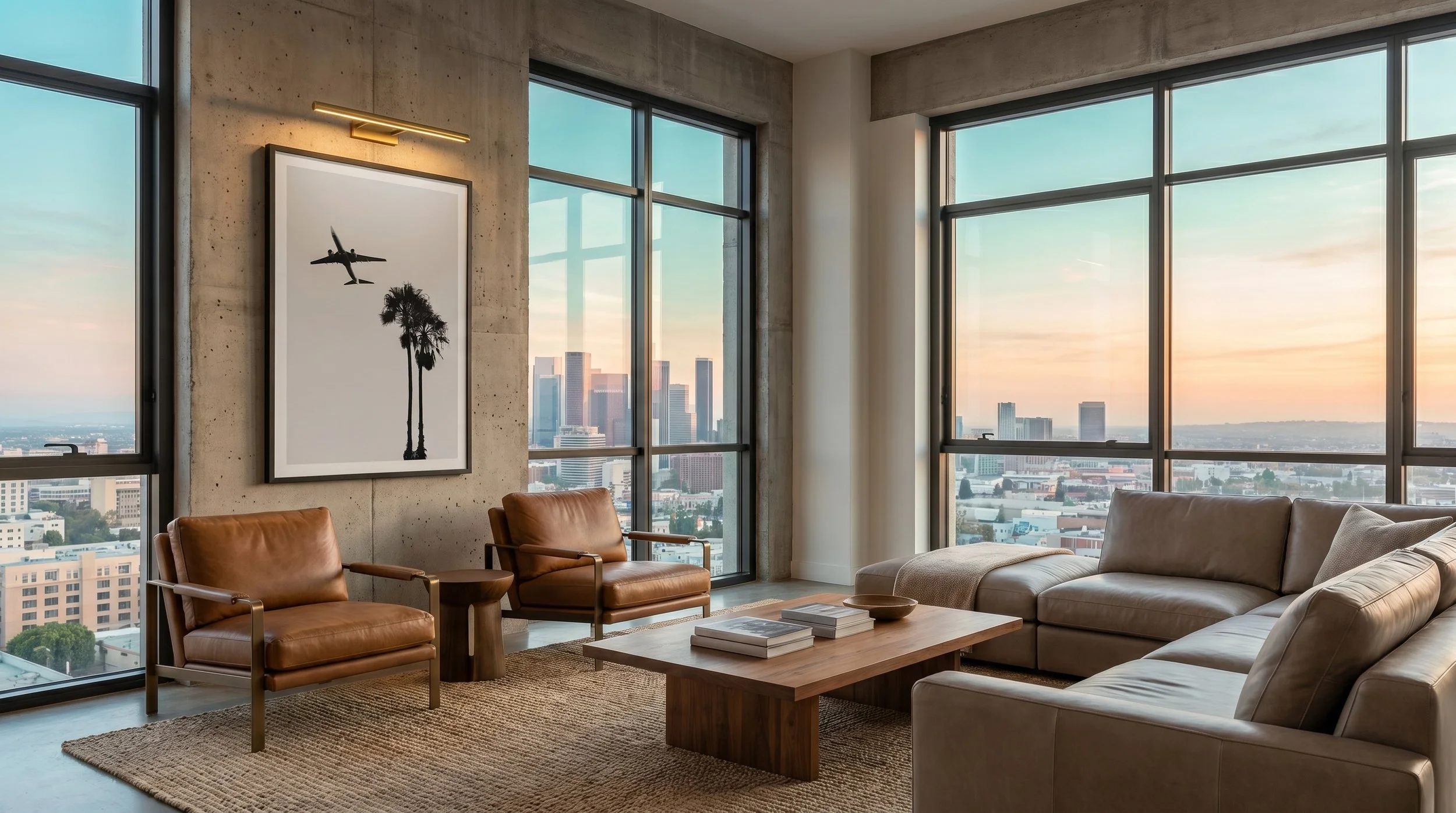 Modern living room with large floor-to-ceiling windows showing a city skyline at sunset, tan leather chairs, a gray sectional sofa, and abstract art on a concrete wall.