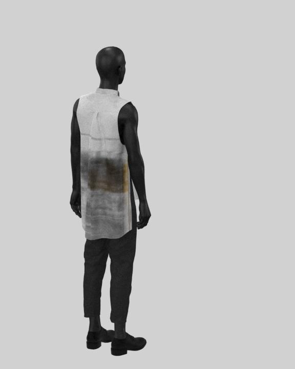 AOP sleeveless dress shirt with side seam slit and cropped slim fit pants.