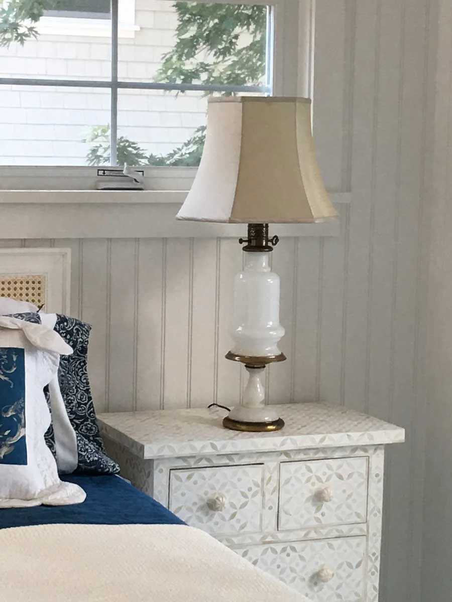 Milk glass lamp, testing a lamp shade from storage that doesn't work.