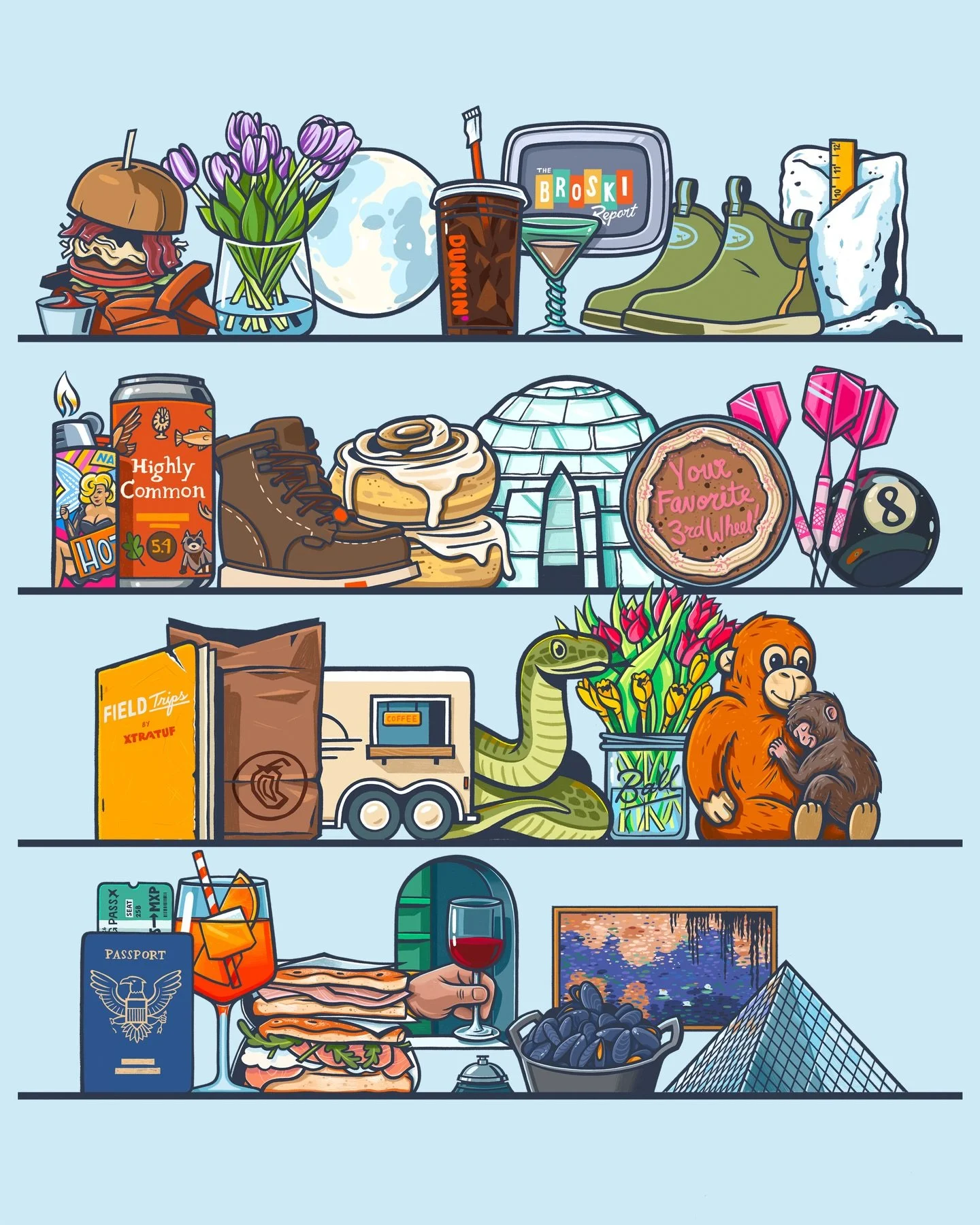 February is complete on the Shelf Portrait! Two months down, ten to go 🙌🏼 

I&rsquo;ve been drawing one object every day as a visual journal entry. At the end I&rsquo;ll have an illustrated poster for my entire year. 

#shelfportrait #illustration 