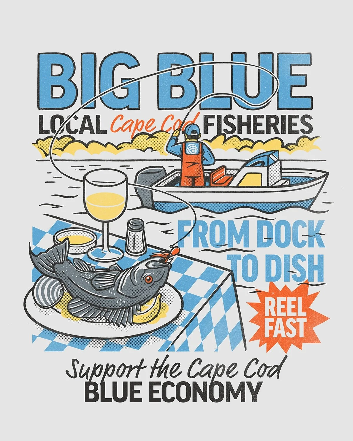 Cape Clasp x Big Blue merch design 🎣

I&rsquo;m so excited with how this piece came out! I knew right from the sketch that this was going to be a winner. I love the final illustration, but it&rsquo;s the print quality and boxy tee that brings it all