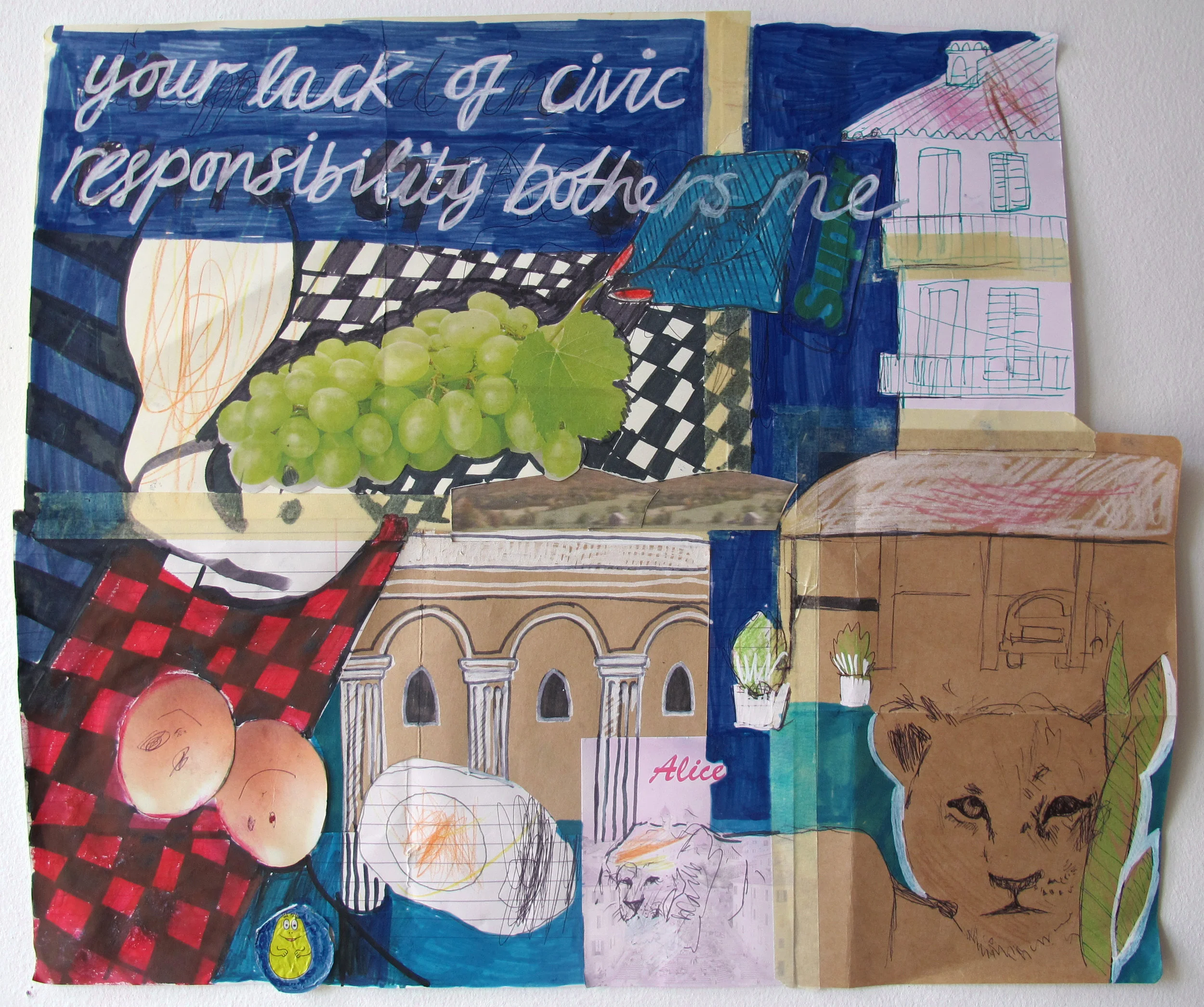 your lack of civic responsibility troubles me , mixed media in collaboration with artist's daughter.
