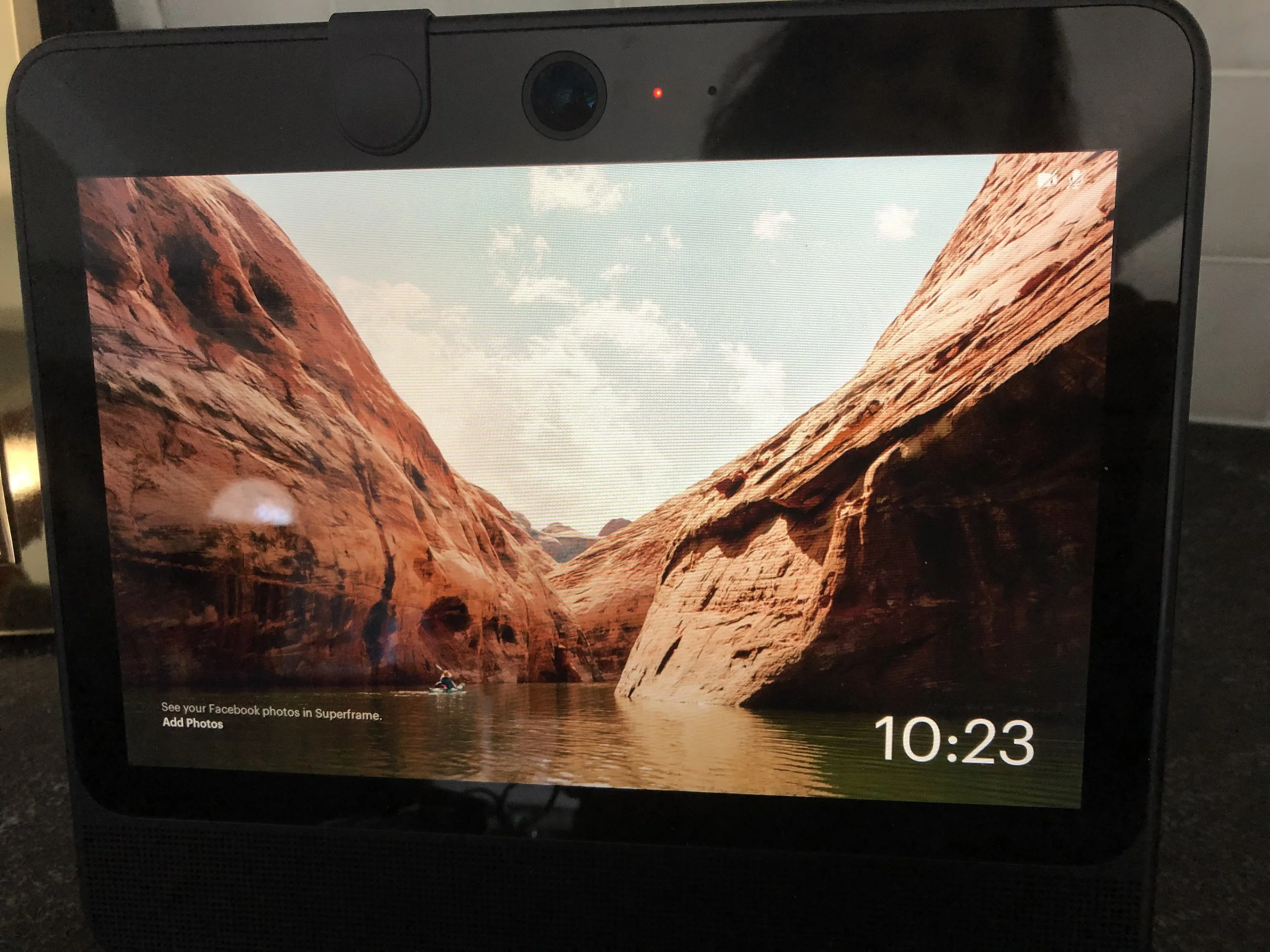 The Portal© screen by Facebook waits on our kitchen counter for live calls from our family