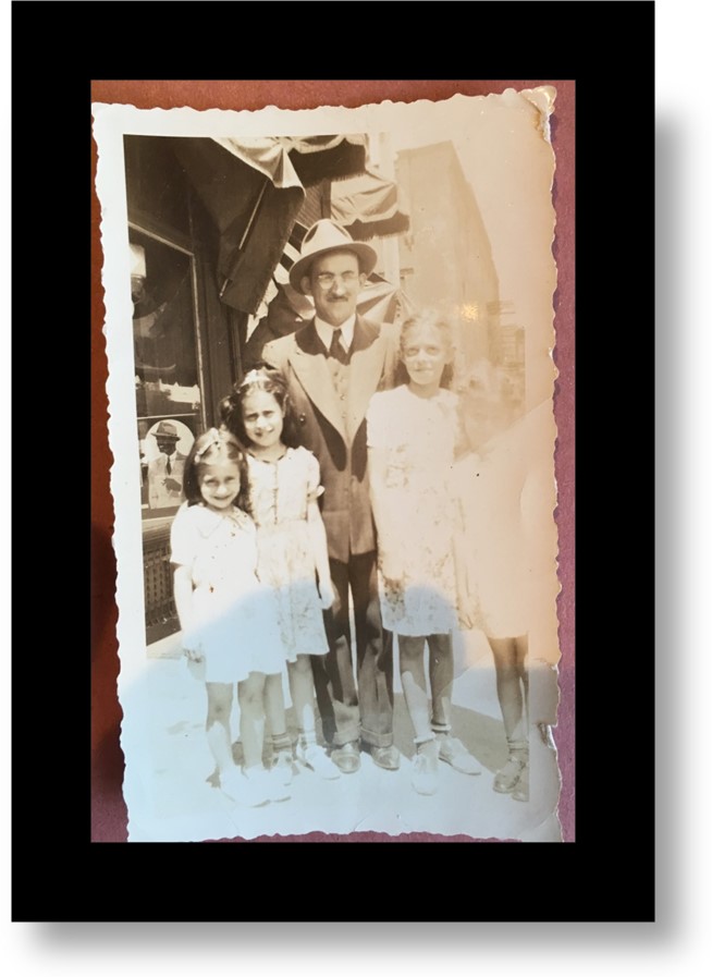 My father Benjamin Mark with his cousin Fannie’s daughters on left and his cousin Jennie’s girls on right (Sally’s mom to my dad’s left)