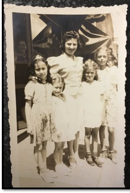 My mother Ida Mark with my father’s cousin Fannie’s daughters on left and his cousin Jennie’s girls on right (Sally’s mom to my mom’s far left)