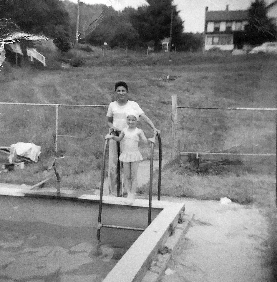 Sharon with her brother Al - Summer of 1959 Sullivan County Catskills Swimming pool at Mountain View Bungalows Livingston Manor, New York