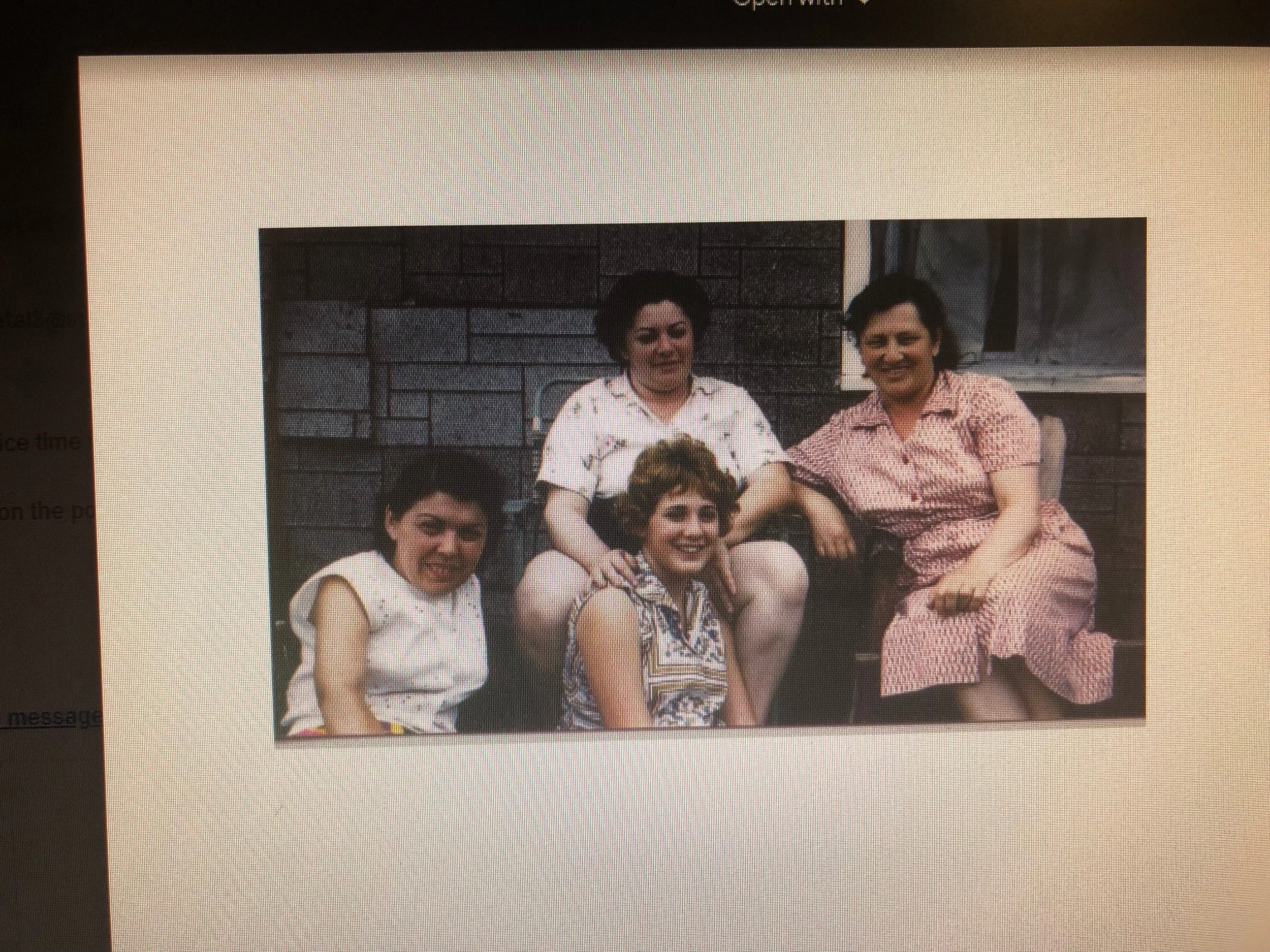 Sarah Weber-left, Gladys Markin and her daughter Linda-center, my mother Ida Mark-right Mountain View Bungalows Livingston Manor, New York late 1950s