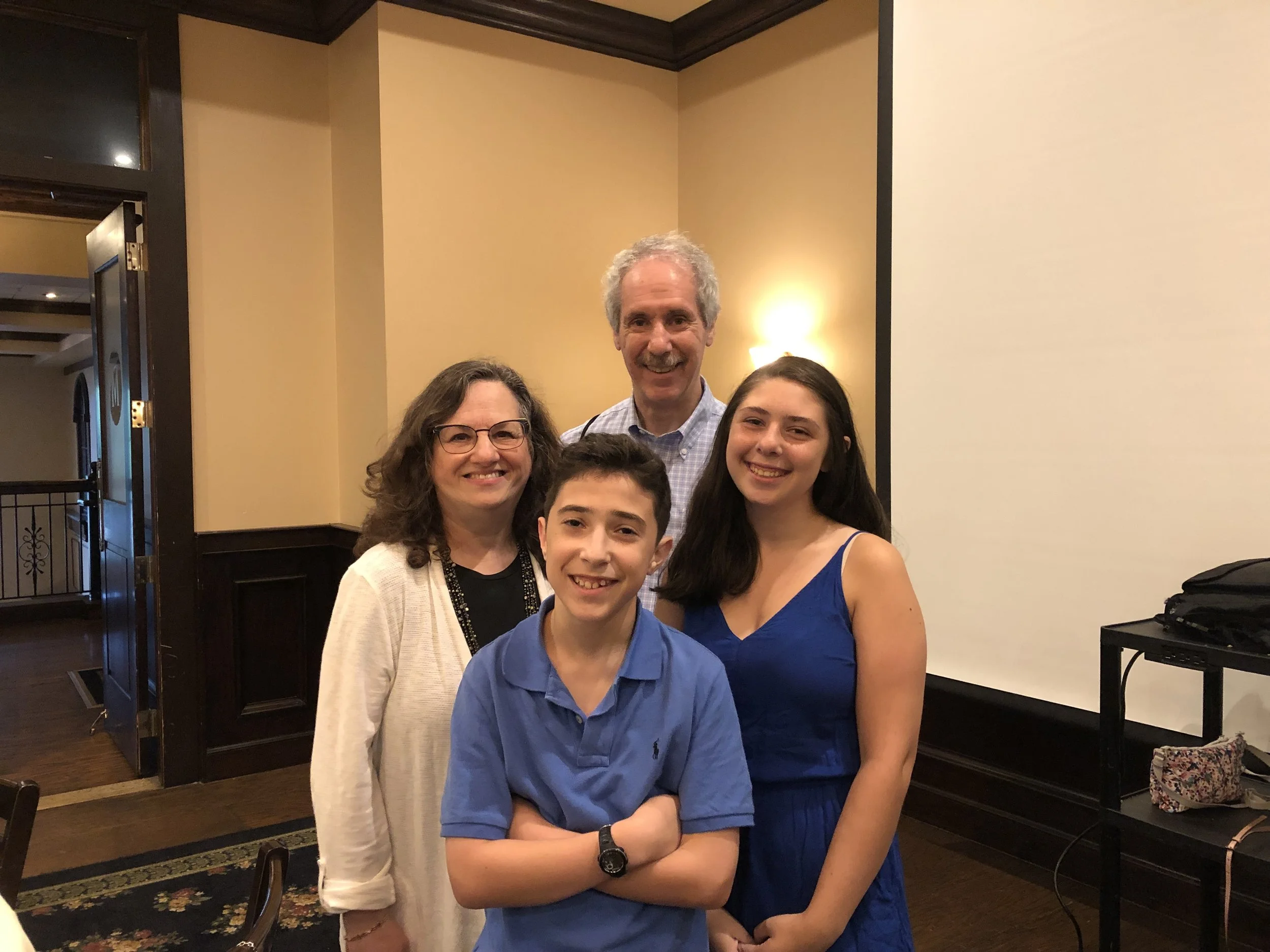Ian Shure-Bar Mitzvah at his evening dinner (August 24, 2019) with his sister Alexa on right, with Sharon Mark Cohen and Arnee Cohen
