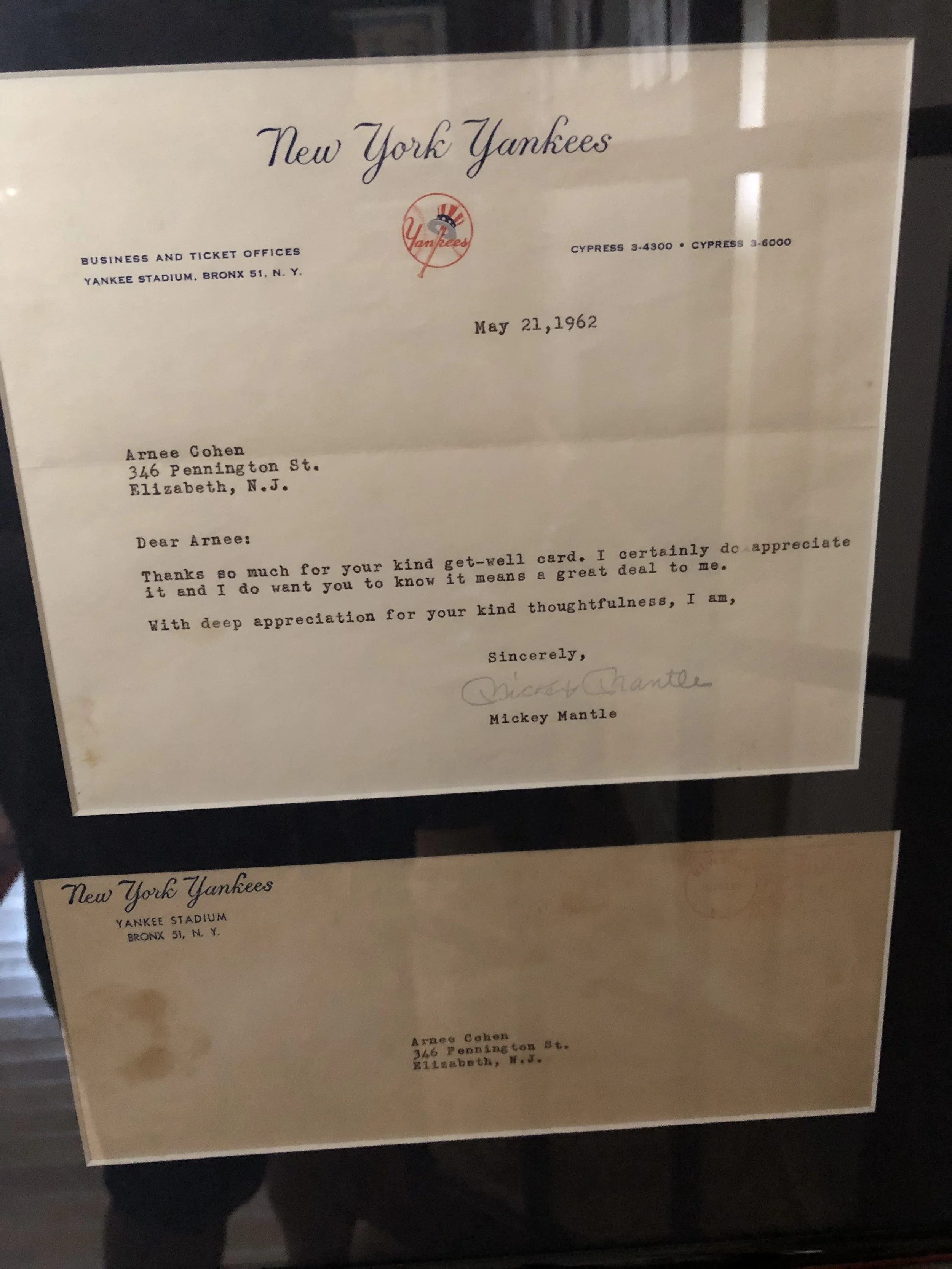 1962 Thank You note from Mickey Mantle, addressed to my husband…note, it was before zip codes