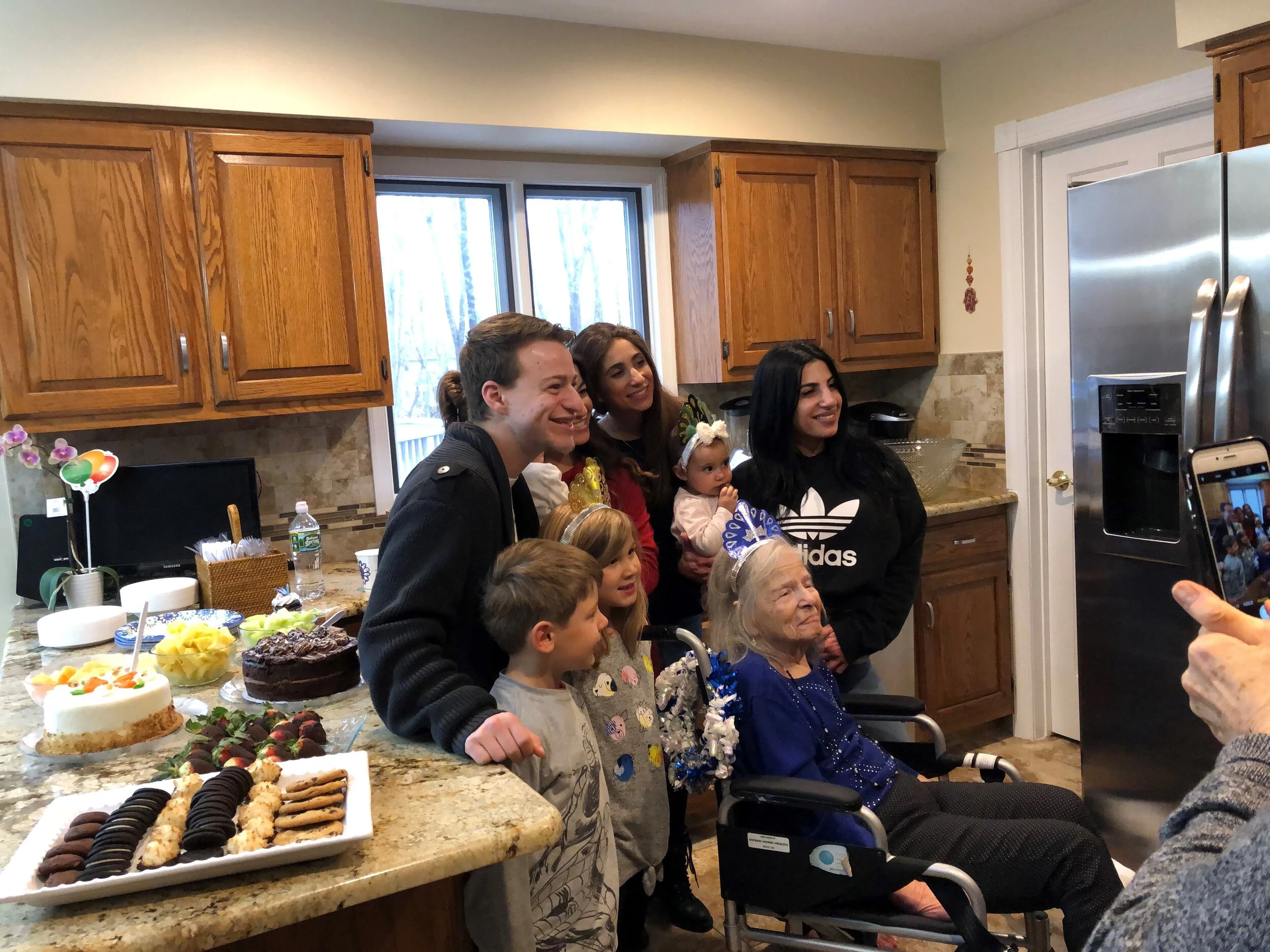 Erica Marcus…Kindertransport survivor Celebrating her 95th birthday in her New Jersey home pictured here with several but not all of her grandchildren and great-grandchildren