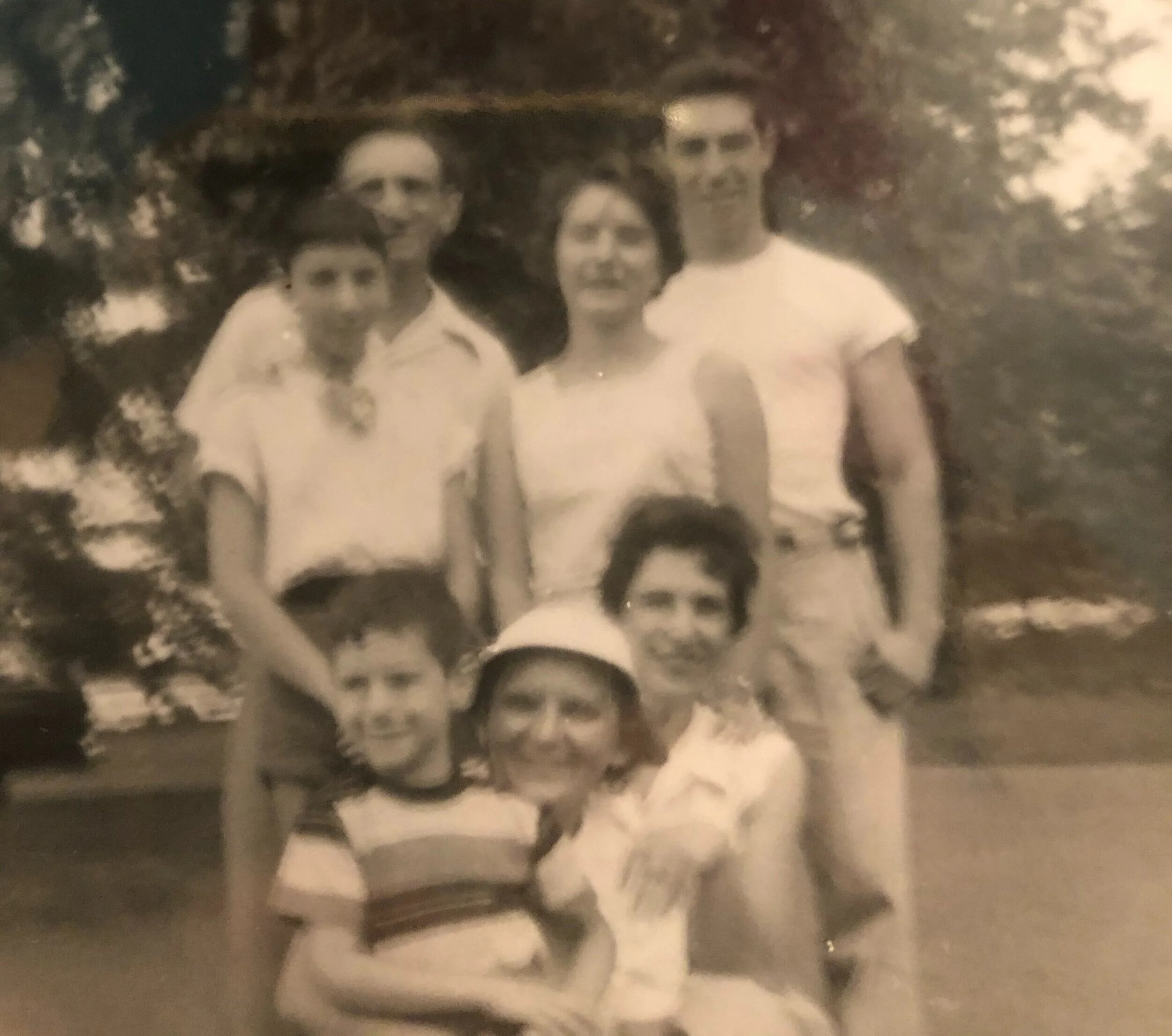 Girl Shirl holding Arnee with his mother Hilda behind.  Boy Lou in back with Arnee’s brother Jeffrey and Shirley and Lou’s daughters Abby and Sydney in the middle  mid-late 1950s
