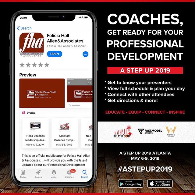 Coaches 🗣
We are READY FOR YOU! So let us help you get ready for US!

#AStepUp2019 APP is AVAILABLE NOW for attendees! 📲

Go ahead:
&bull; Get to know your presenters &bull; View the schedule &amp; plan your day
&bull; Connect with other attendees
